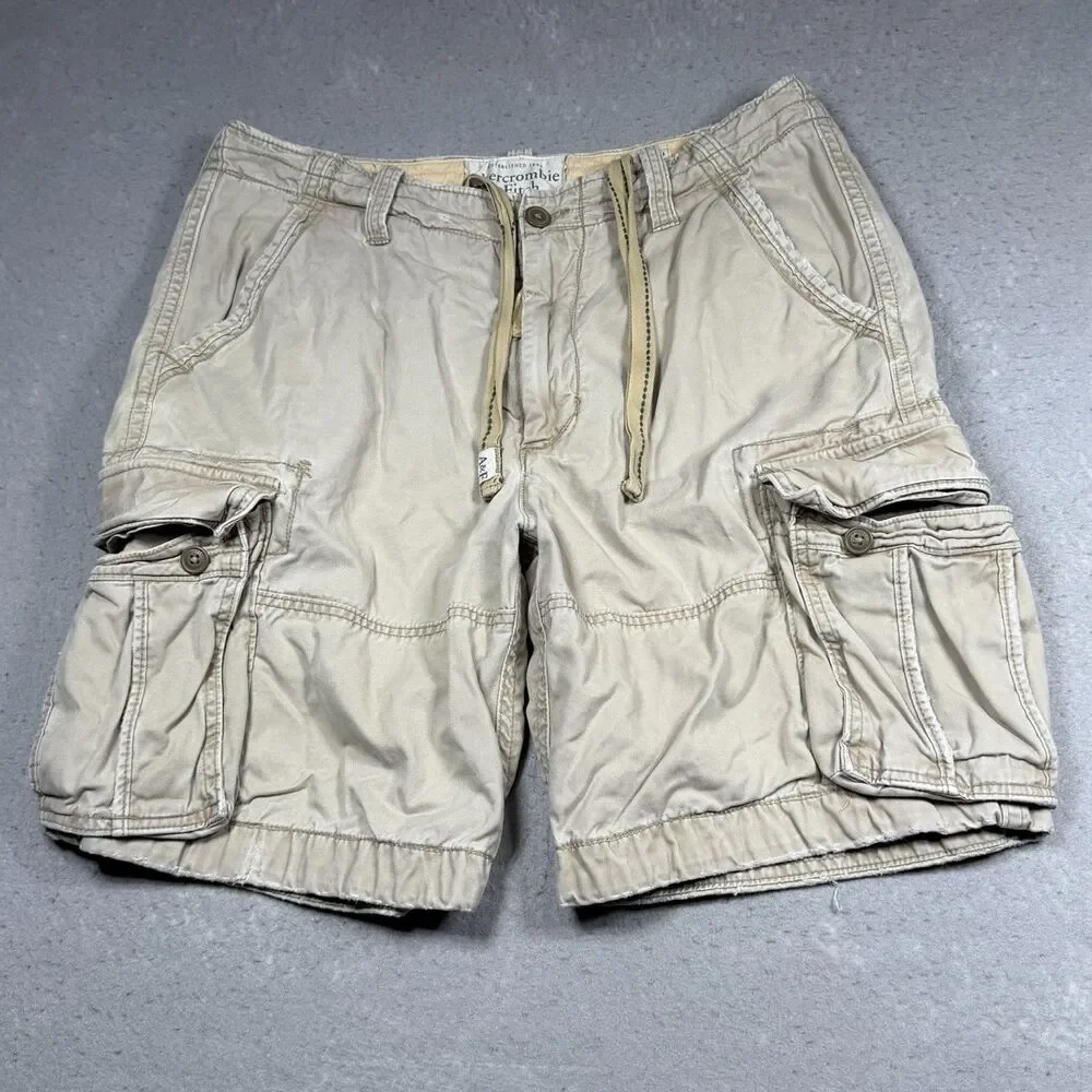 Abercrombie & Fitch Men’s Shorts 36 Khaki Button Fly Distressed Heavy Cargo