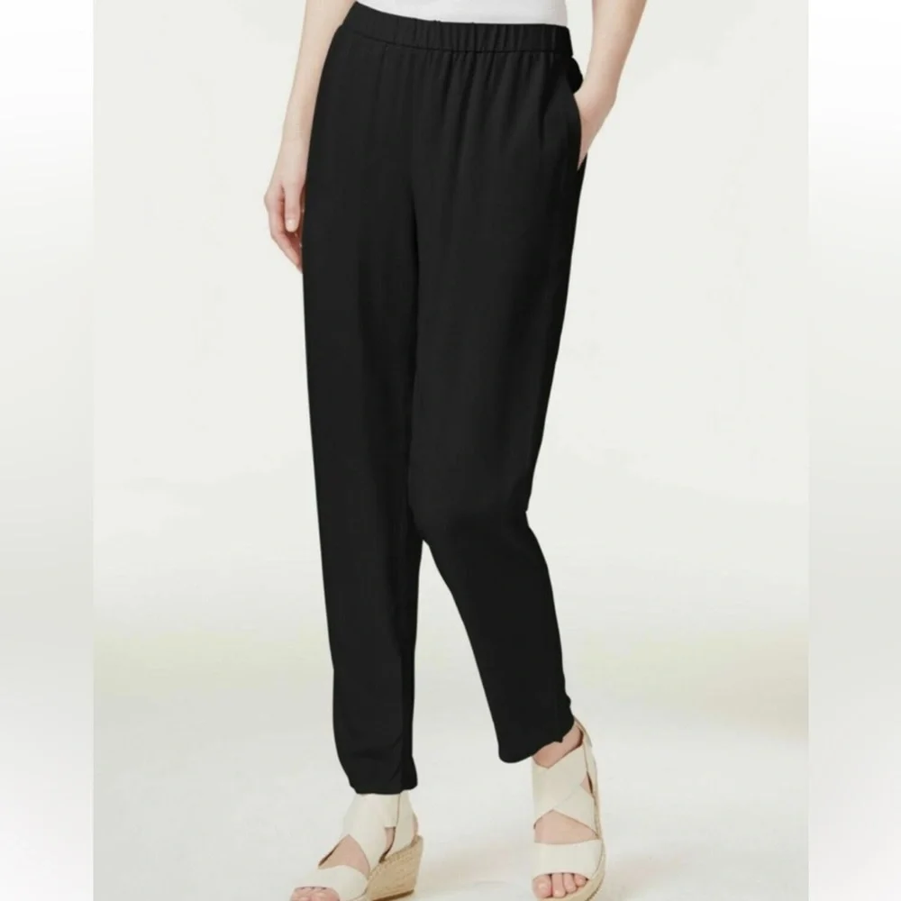 EILEEN‎ FISHER Slouchy Black Silk Georgette  Tapered Leg Pull On Pants Sz S