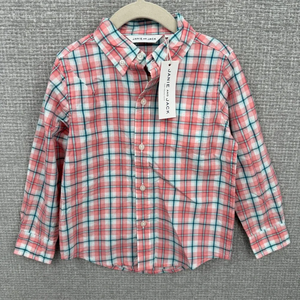 Janie and Jack Plaid Button‎ Down Shirt Coral Teal White Kids Boys Size 3