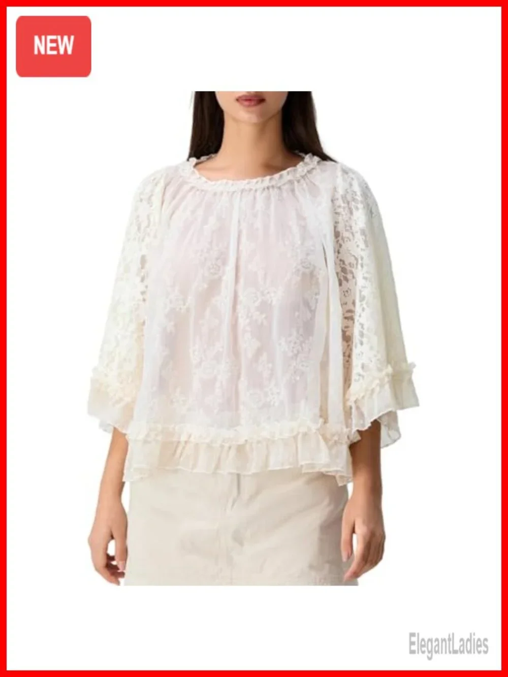 Boho Lace Sheer Mesh Long Sleeve Ruffle Flowy Top Blouse