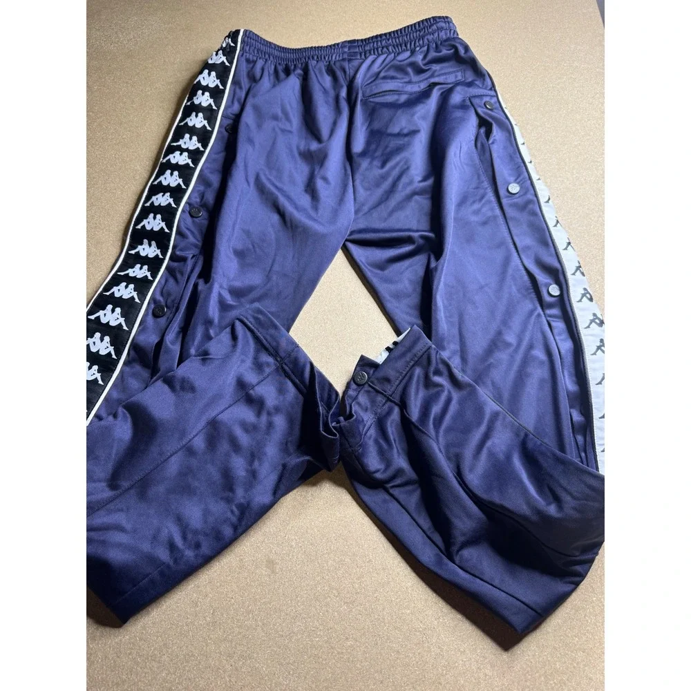 vtg Kappa Banda Snap Track Pants Navy Blue Omini Logo Tape Tearaway Mens Small‎