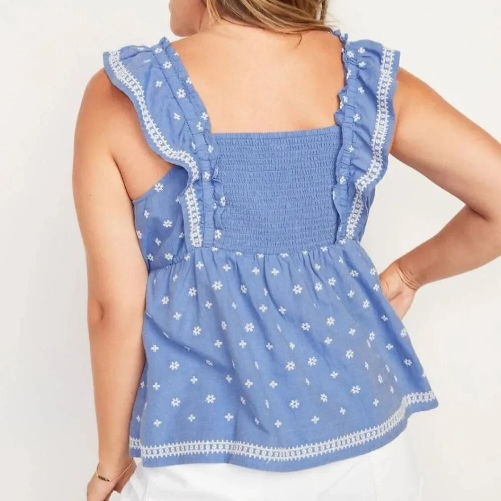 Old Navy Womens Embroidered Babydoll Top XL Blue Ruffle Peasant Boho Cottagecore