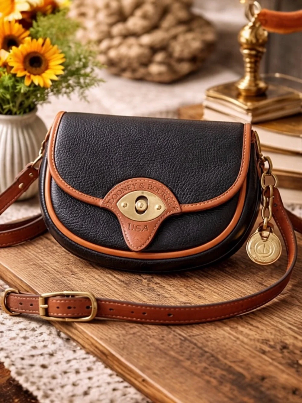 Dooney & Bourke 1980's  Cavalry Trooper  Black -Tan | DB Horseshoe Strap Tabs
