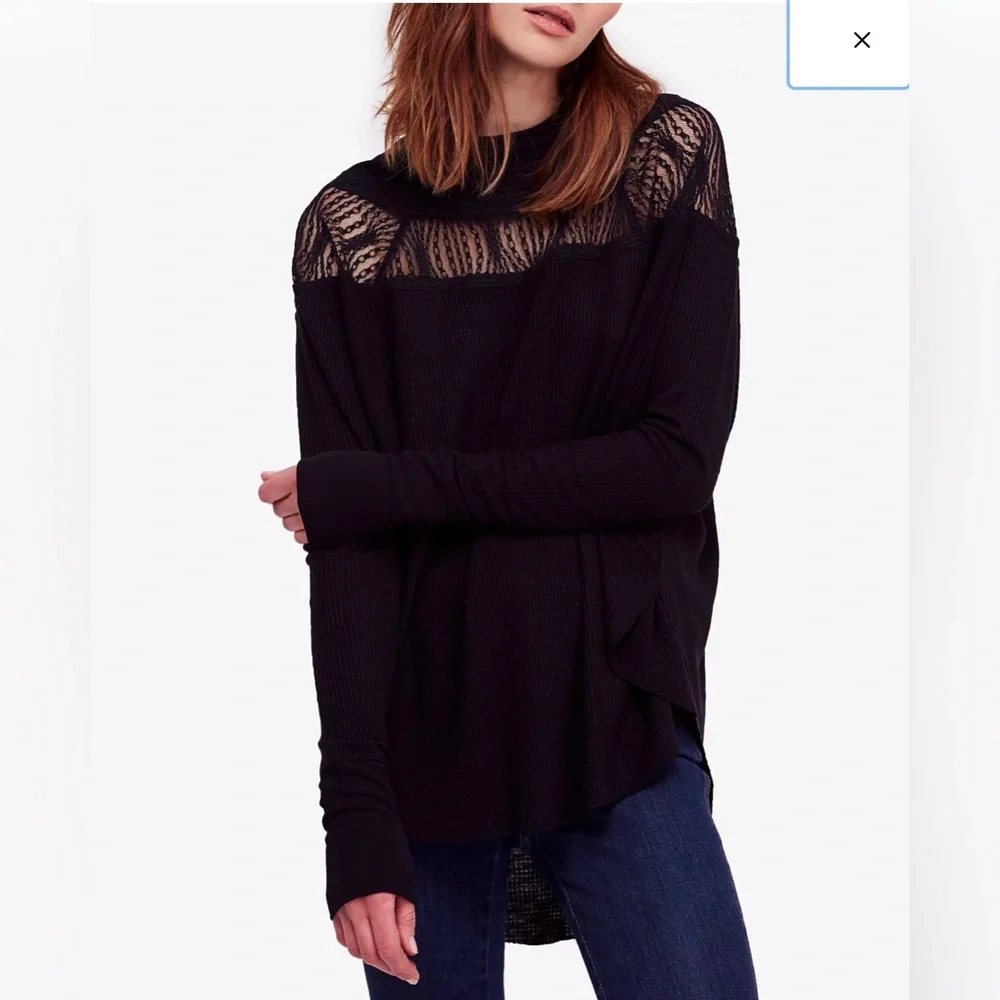 Free‎ People Spring Valley Lace-Trim Top Relaxed Fit Women’s M Black Waffle Knit