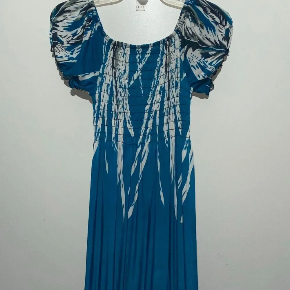 Women's Blue White Tropical Smocked Stretchy‎ Pullover Maxi Dress One Size NWT