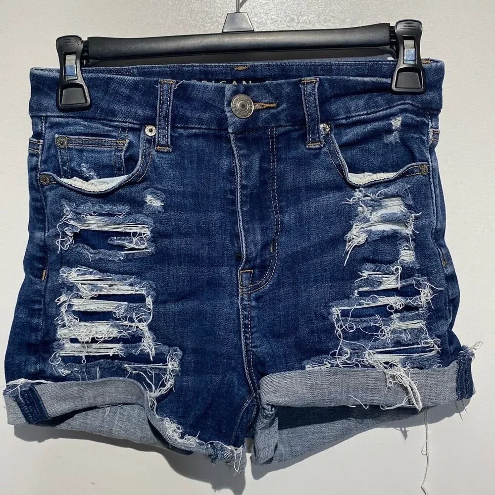 American Eagle Women's Dark Blue Curvy Hi-Rise Distressed Denim‎ Shorts Size 00