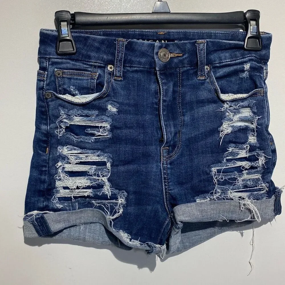 American Eagle Women's Dark Blue Curvy Hi-Rise Distressed Denim‎ Shorts Size 00