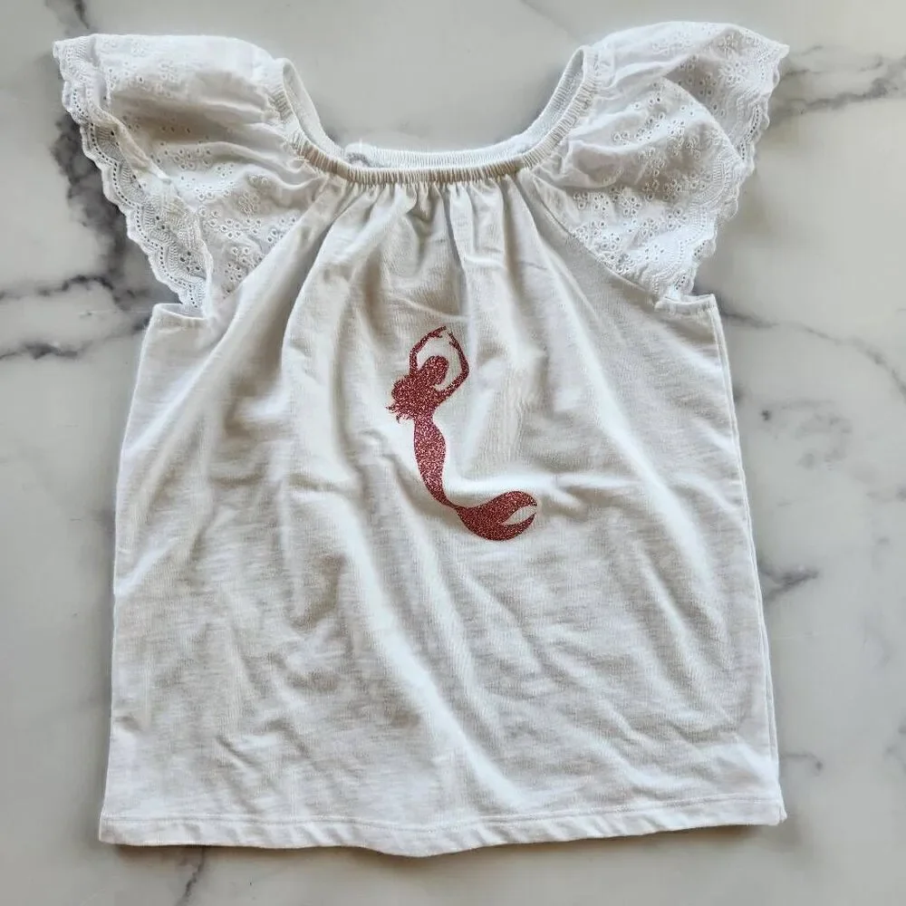 Cat & Jack mermaid rose gold glitter eyelet flutter sleeve girls small 6/7 white
