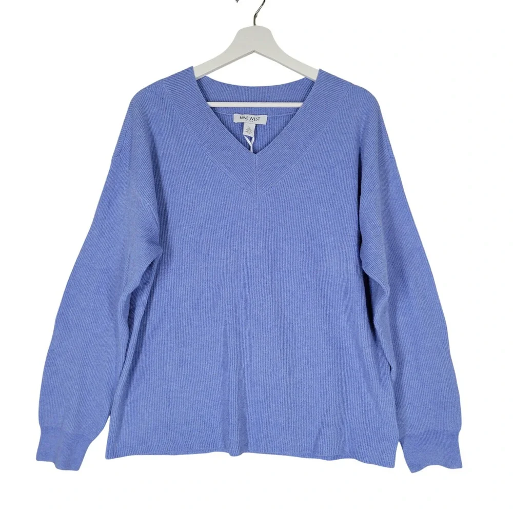 Nine West V Neck Sweater Womens Large Heron Blue Ribbed Knit DNWS2988-HER NEW‎