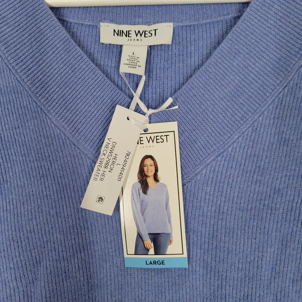 Nine West V Neck Sweater Womens Large Heron Blue Ribbed Knit DNWS2988-HER NEW‎
