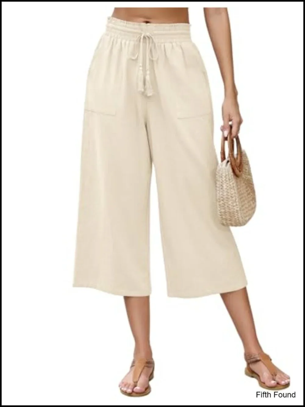 Linen Blend Capri Pants Wide Leg Drawstring Elastic Waist Casual Cropped