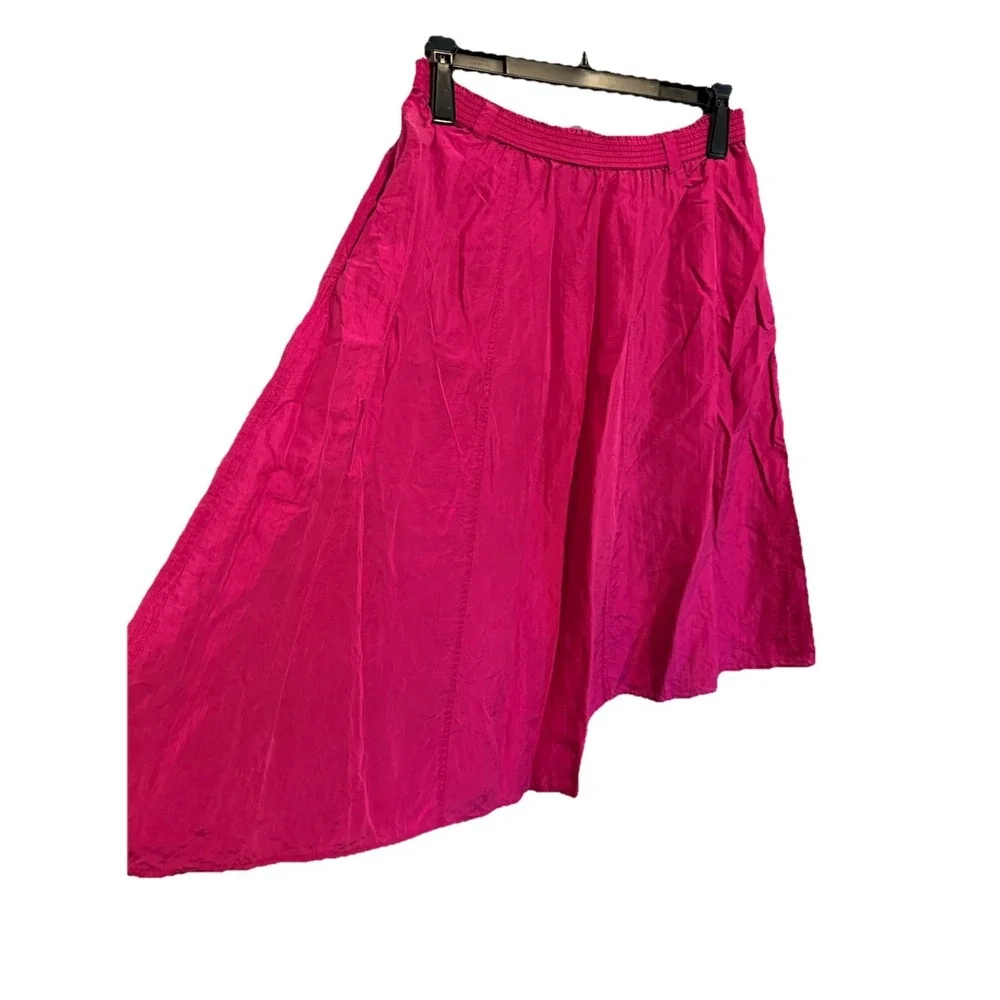 Vtg Diane Gilman Women 100% silk  integrated smocked waistband L‎ Hot Pink Midi