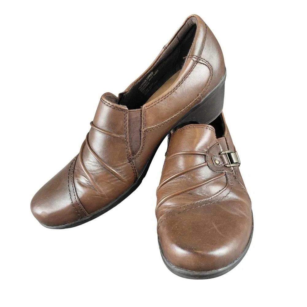 Earth Origins Roxanne Womens Brown Leather Slip‎ On Loafer Heel Shoes Size 9M