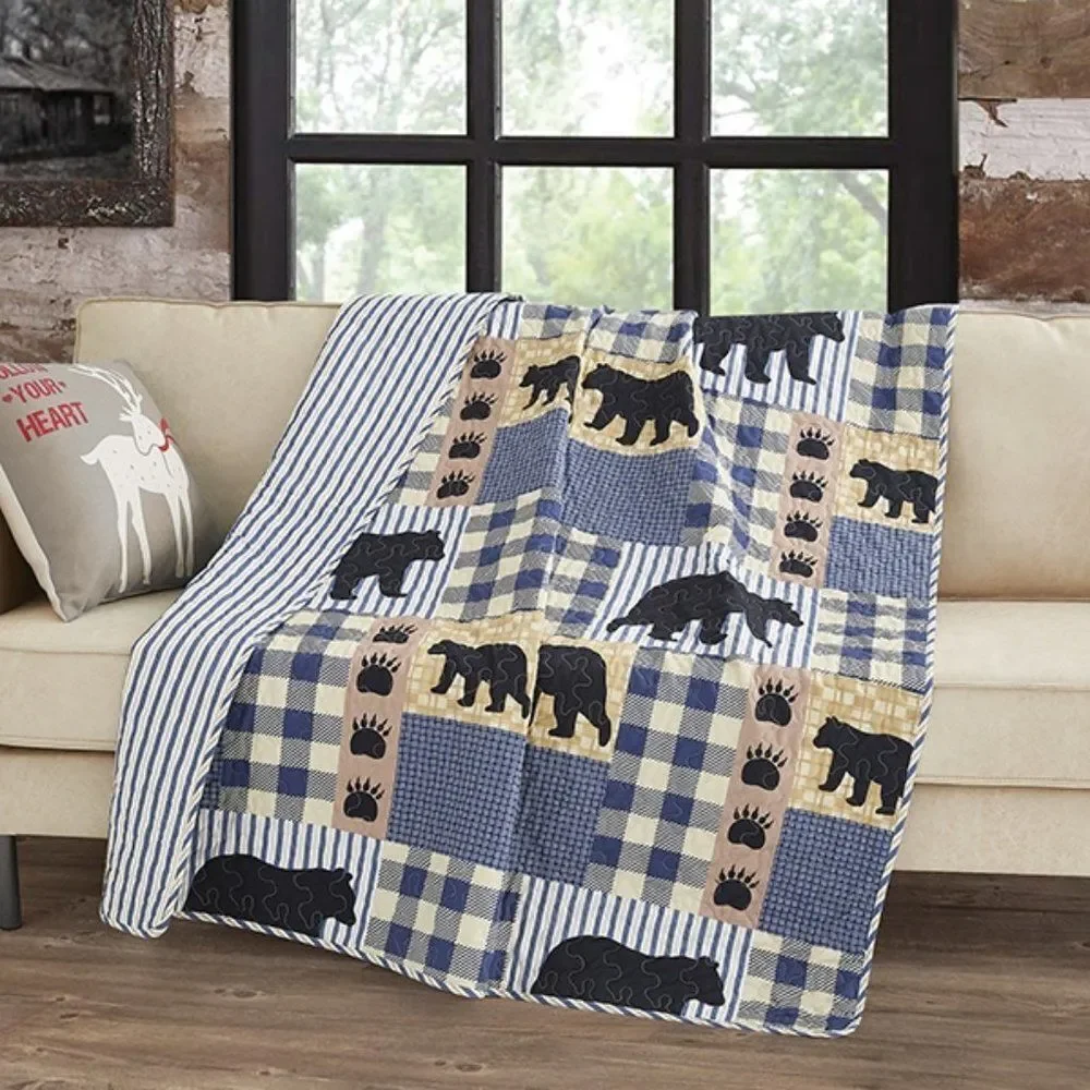 Blue Buffalo Plaid Bear Quilted Throw Farmhouse Cabin Lodge Country Rustic