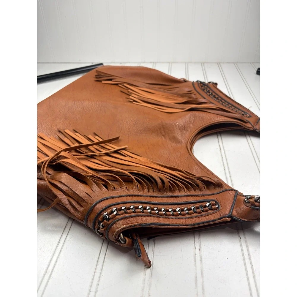 Vintage Y2K Brown Fringe Western Boho Large Hobo Shoulder Bag Purse