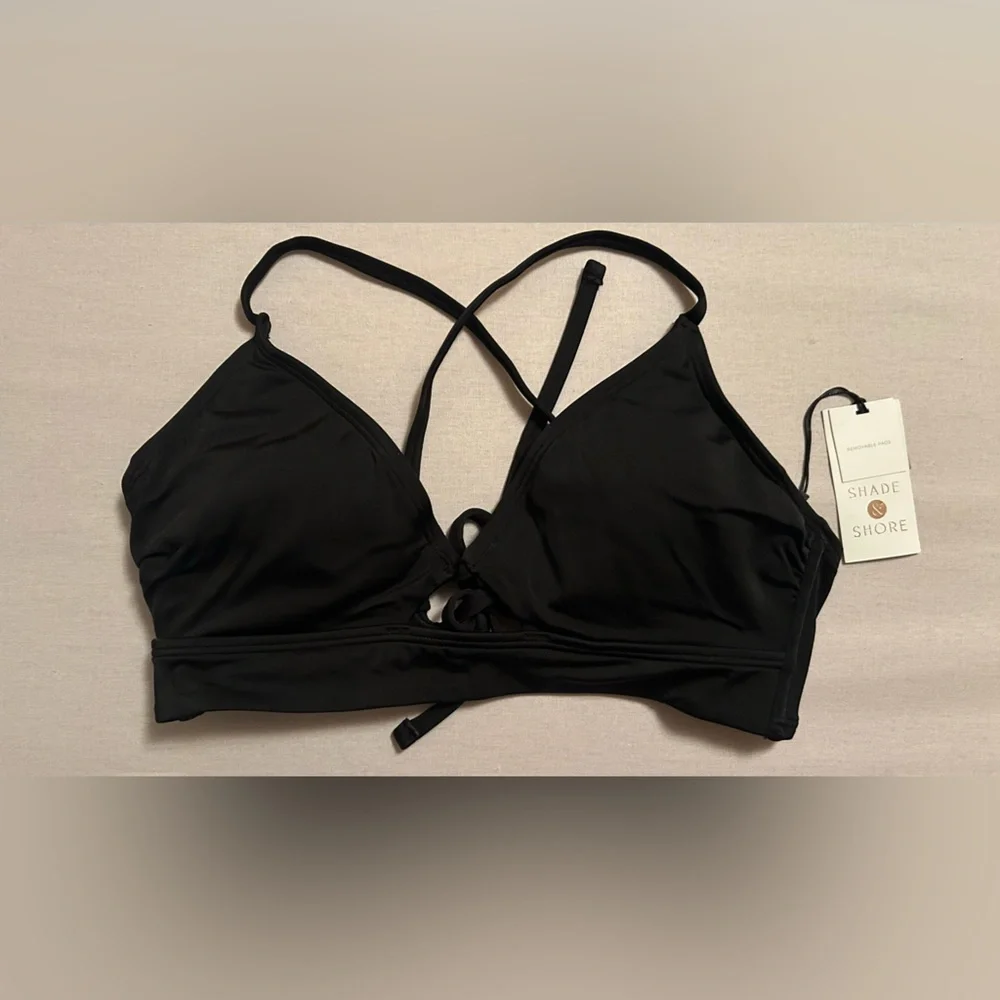 Black Strappy Mix & Match Bikini Top Ruched Cups Back Tie 36B Shade‎ & Shore NWT