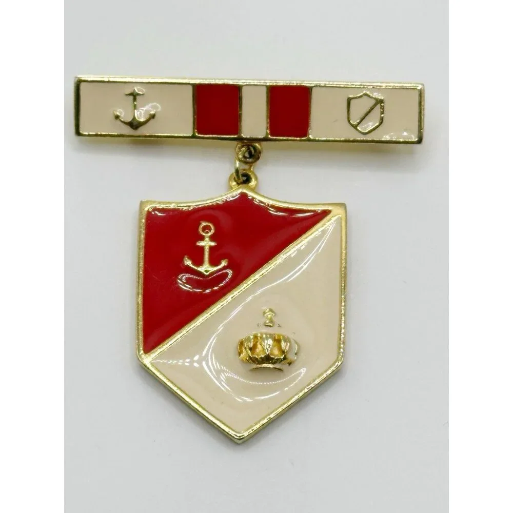 Vintage Red Cream Enamel and Gold Tone Coat of Arms‎ Shield Medal Brooch Pin