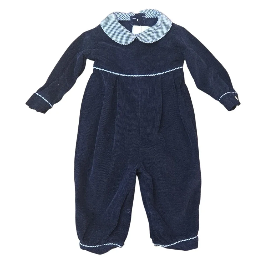 Zuccini Kids Baby Girl Navy Blue Corduroy Pleated Plaid Romper 100%‎ Cotton 3Mo