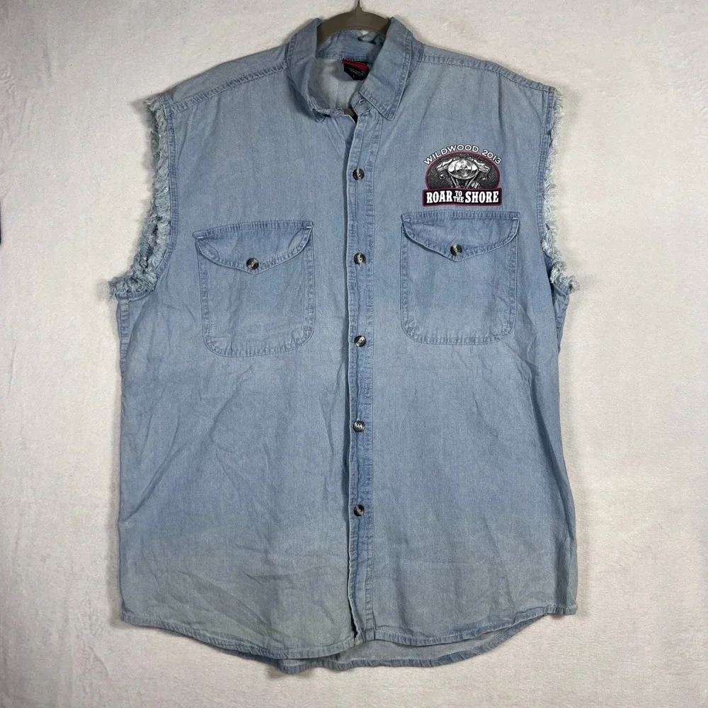 Hot Leathers Roar to the Shore 2013 Wildwood NJ Denim Biker Vest Mens Large Blue