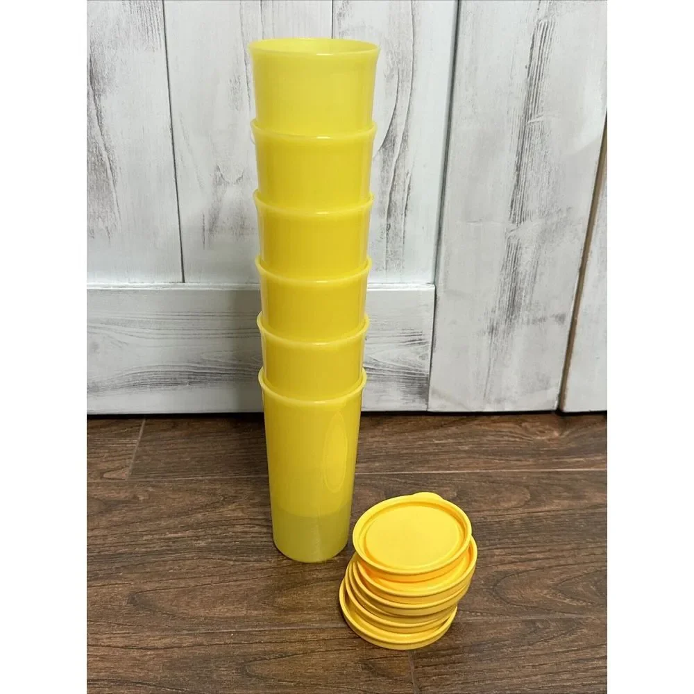 Tupperware Vintage 9 oz Sheer Stacking Yellow Cups Tumbler Set of 6 w/‎ Lids