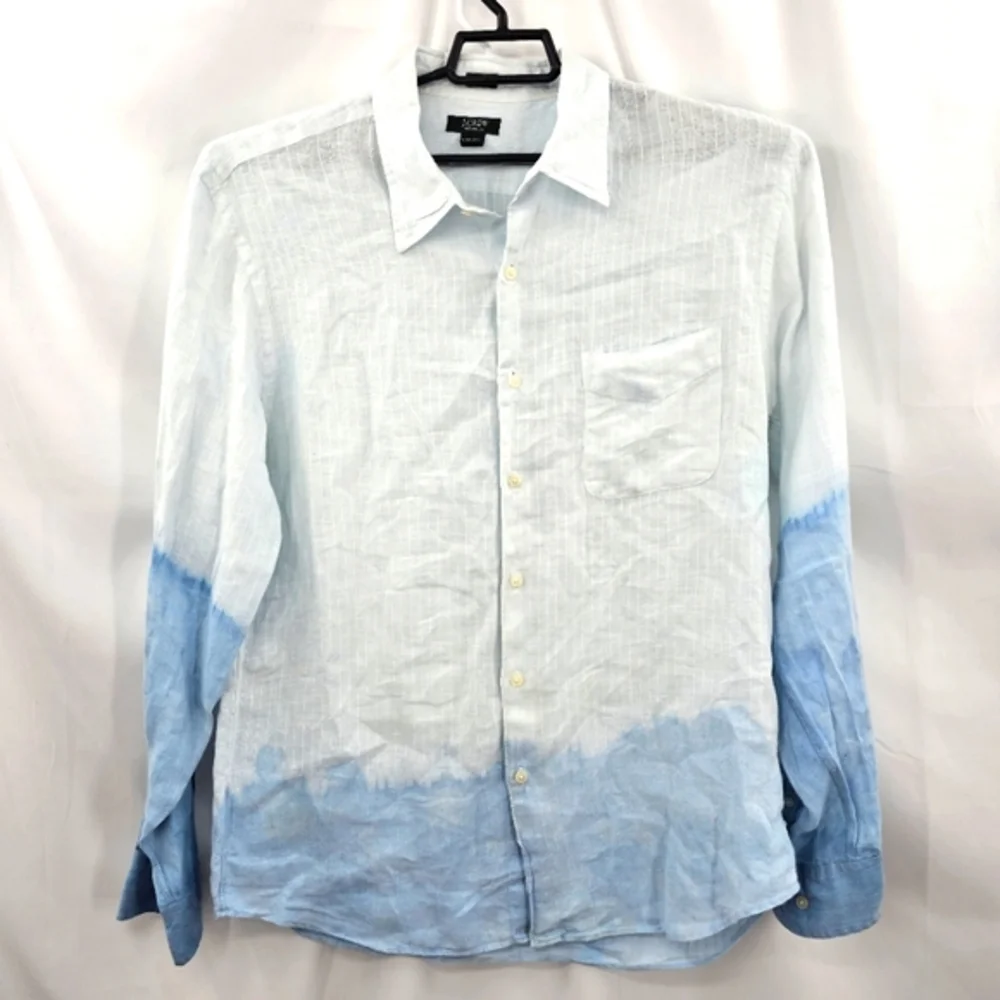 J Crew Men's Long Sleeve‎ 100% Linen Shirt Tie-Dye Gradient Blue Design Size L.