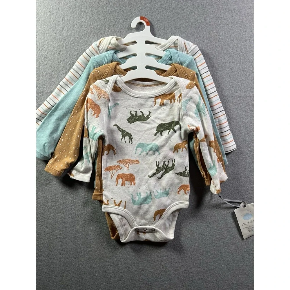 Cloud Island Baby 6-9 Months 4-Pack Long Sleeve Body Suits Safari Animal Print‎