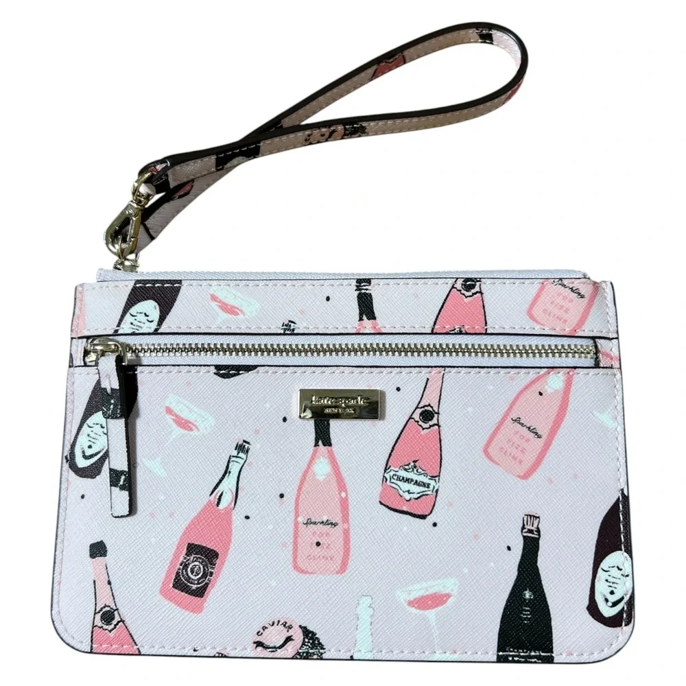 Kate‎ Spade Champagne Print Wristlet Wallet Pink Party Clutch Zip Pouch