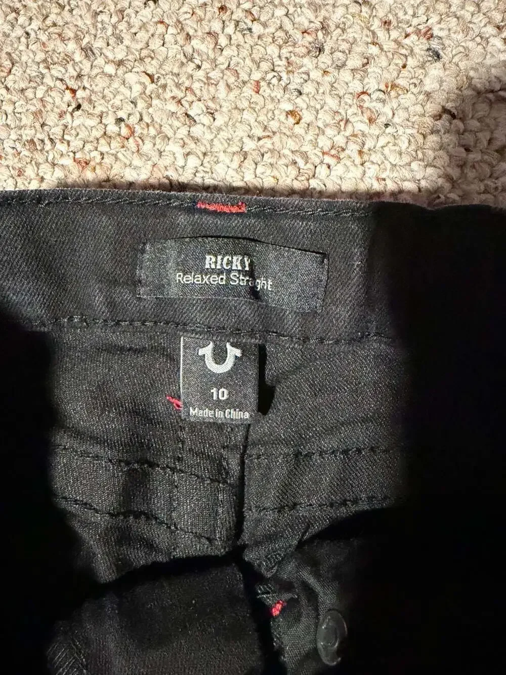 True Religion Boys Ricky Relaxed Straight Big T Black Jeans Red Stitching Size10