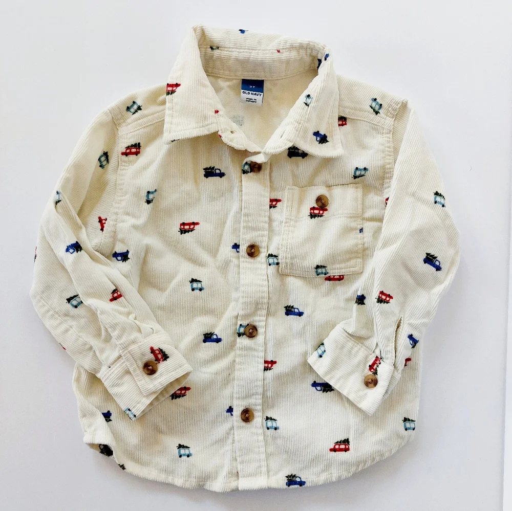 Trucks with‎ Christmas Trees Cream Corduroy Shirt 2T Old Navy Holiday