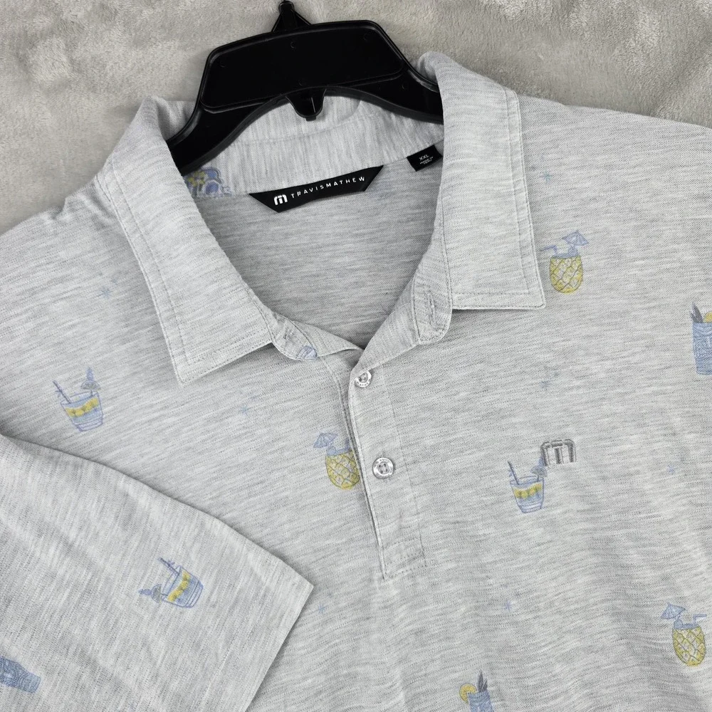 Travis mathew Polo‎ Shirt Mens 2XL Gray Vacation Skull Drinks Soft