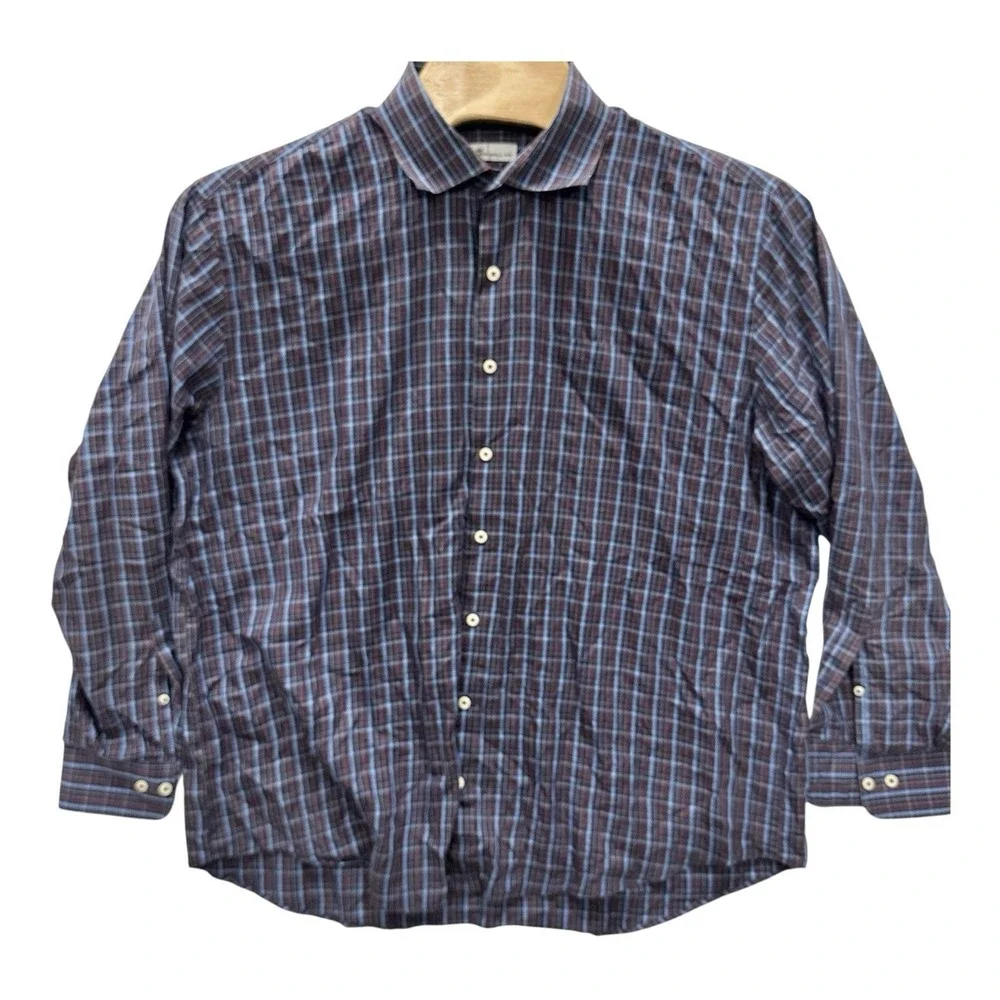 Peter Millar Mens 2XL Button Down Shirt‎ XXL Blue Plaid Long Sleeve Cotton Silk