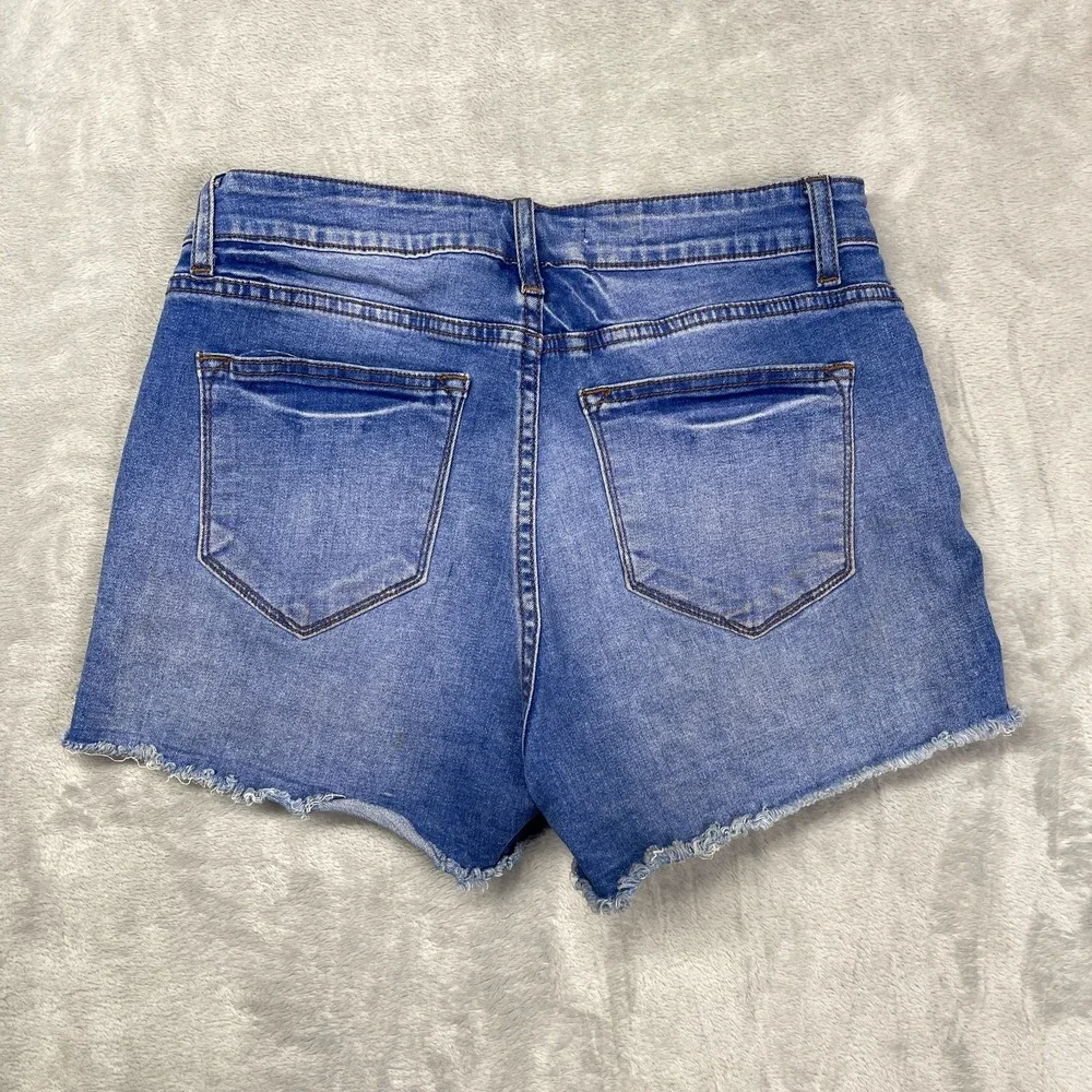 KanCan‎ Jean Shorts Womens 9/28 Blue Distressed Flat Front Stretch Frayed Hem