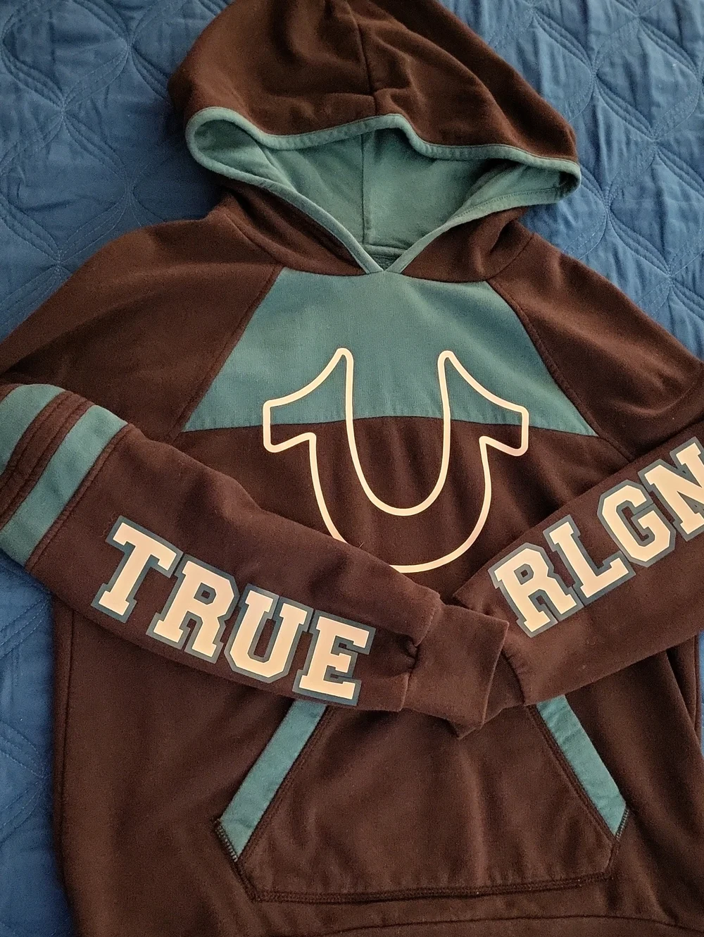 True Religion Teal and Black Logo Hooded Sweatsuit Xl