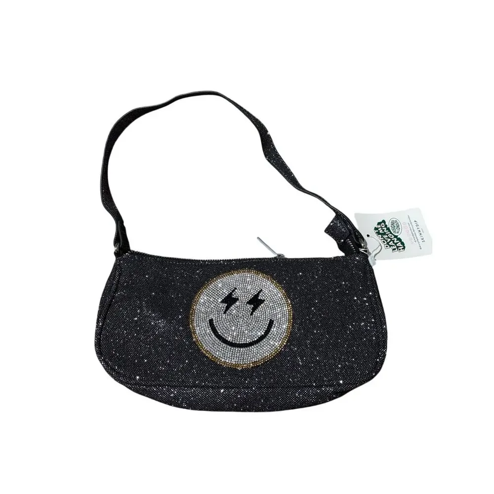 Skinny Dip Don’t Leave me Hanging black smiley face small sequined bag nwt