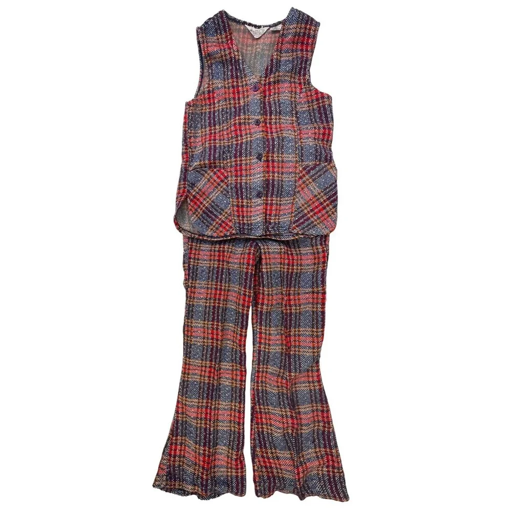 Vtg KMart 70's Girls Pants Suit Vest flare bottoms Costume Blue Red Plaid Hippie