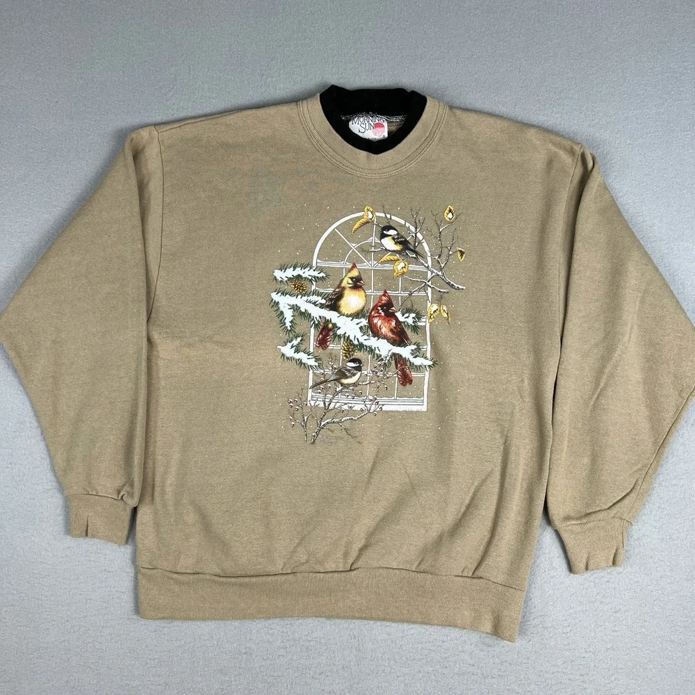 VTG Morning Sun Bird‎ Graphic Sweatshirt Mens Large Nature Wildlife 90s Winter