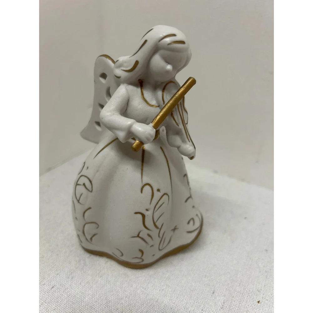 White Bisque Angel Figurine Playing Violin Gold‎ Trim Angel Christmas Decor