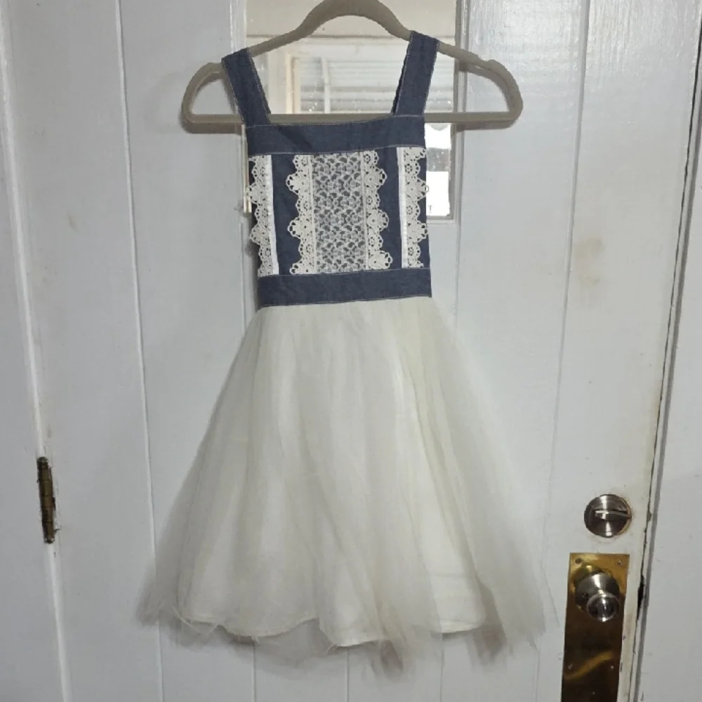Bonnie‎ Jean Girls Chambray Denim Dress White Tulle Lace Ties Sz 14 EUC