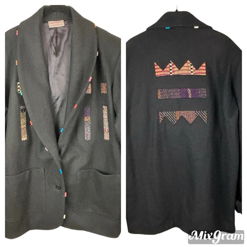 Vtg DEBORAH CROSS‎ Textile Artist Embroidered Patchwork Wool Coat Black One Size