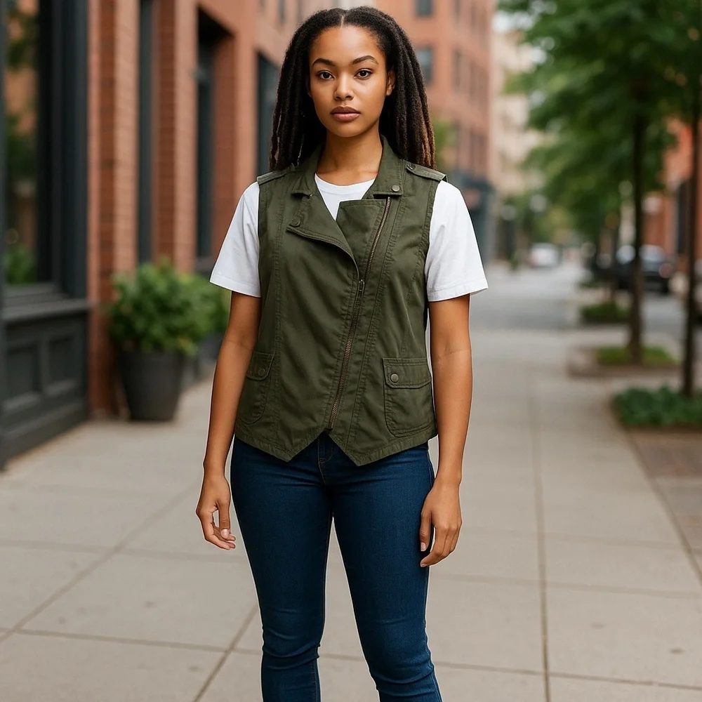 Mossimo Olive Green Asymmetric Zip Sleeveless Collar Moto‎ Rider Vest Size M