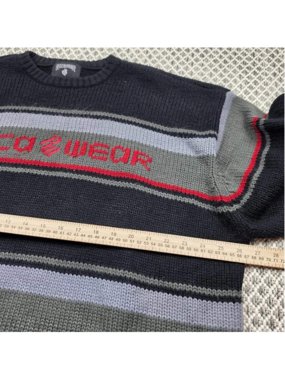 Rocawear Striped Knit Sweater XL Black Gray Red Embroidered Logo Y2K Hip Hop