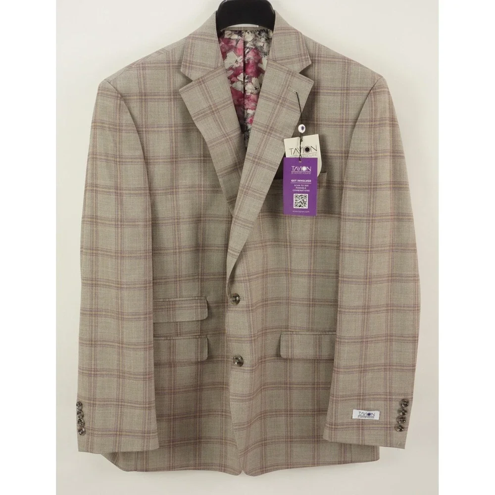 $360 Tayion Collection Regular-Fit Suit Jacket Men's 44R Tan Burgundy Windowpane