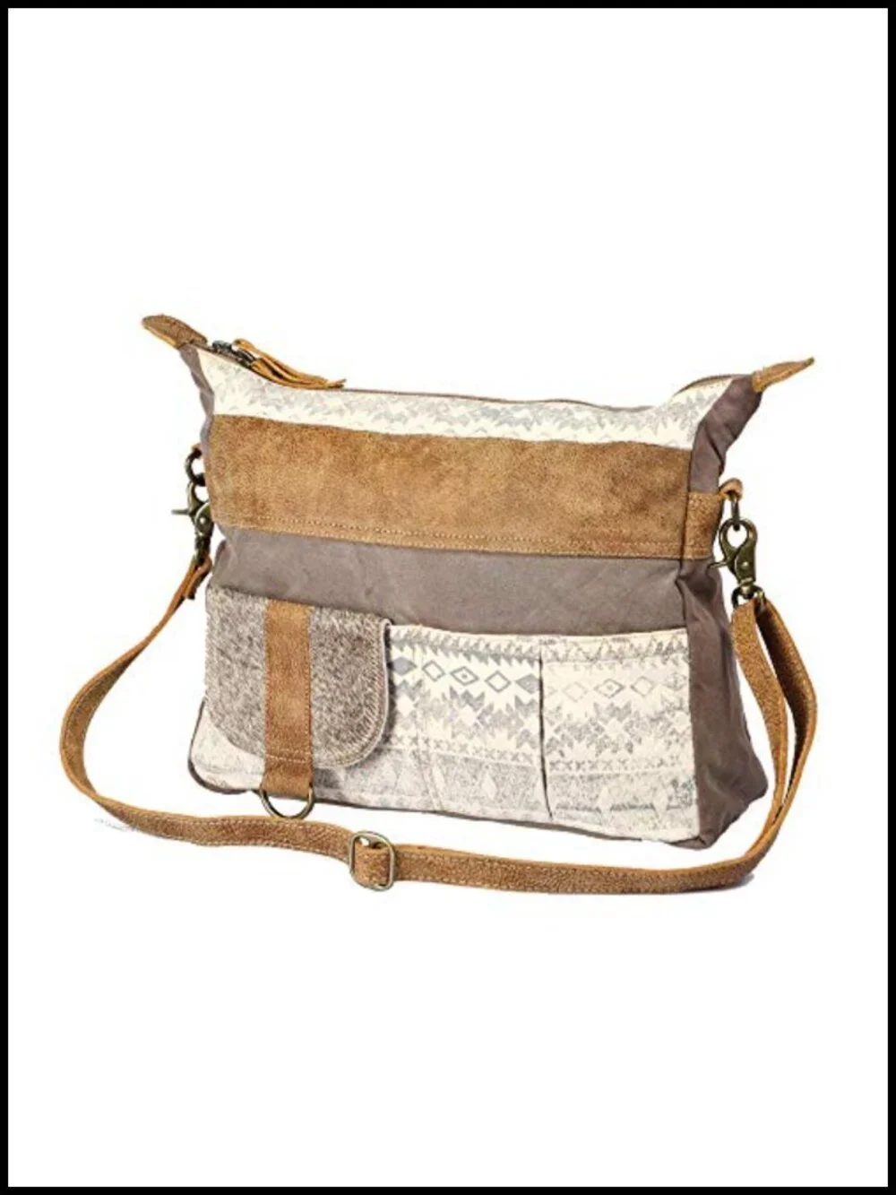 Canvas Mexican Boho Crossbody Bag with Genuine Leather Detailing