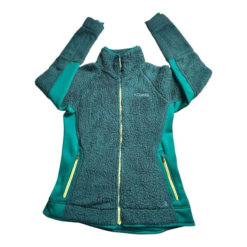 COLUMBIA Women’s‎ Full-Zip Fleece Jacket Coat Medium Green Yellow Outdoor