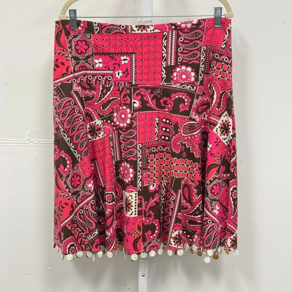 Y2K Willi Smith Paisley‎ Patchwork Boho Shell Fringe A-Line Knee Length Skirt