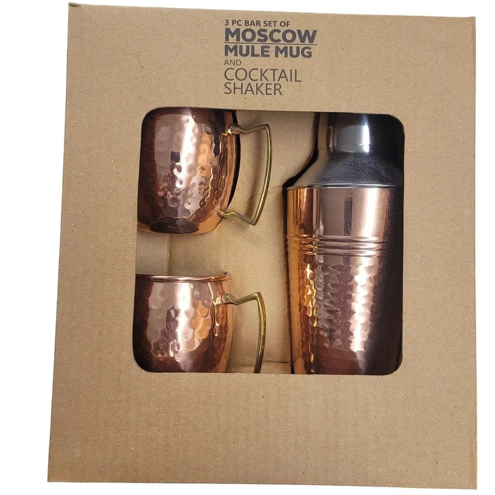 3 PC Moscow Mule Mug and Cocktail Shaker Bar Set‎ Hammered Copper BI-70521-D NEW