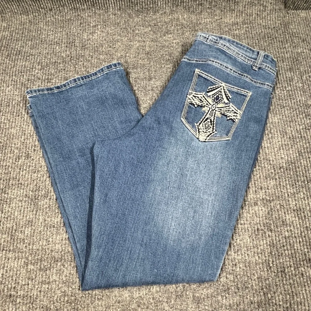 Elite Bootcut Denim Jeans Womens 19/20 Blue Distressed Stretch‎ Pant Embroidered