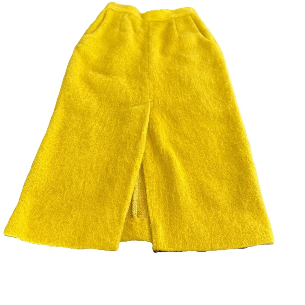 Korean Style Yellow Fuzzy Mohair Skirt‎ Size XS Midi Pencil Skirt Pocket