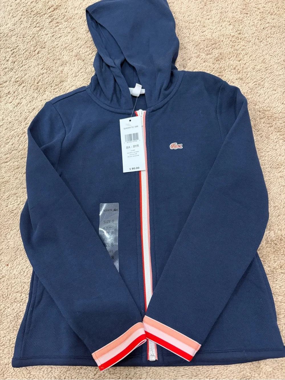Lacoste Girls Navy Zip-Front Hooded Jacket with Red & White Trim