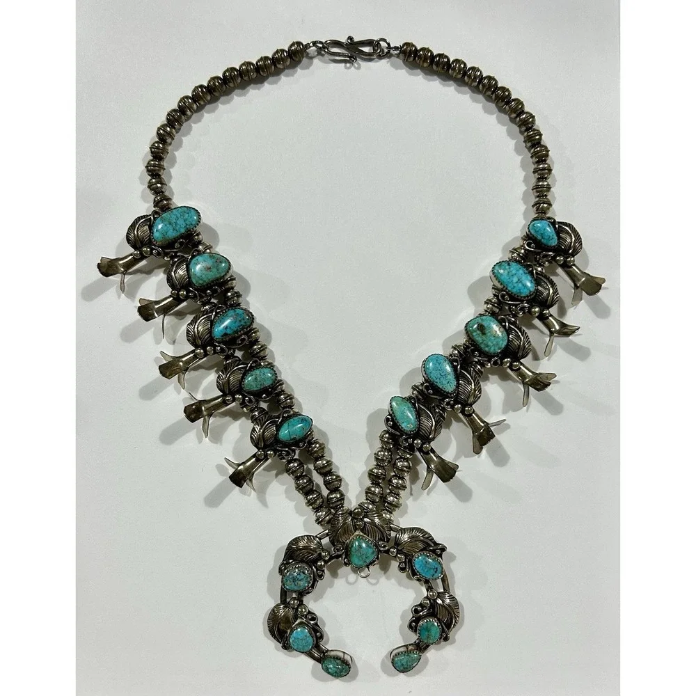 Wayne Etsitty Navajo Sterling Turquoise Squash Blossom Necklace‎ Naja As Is